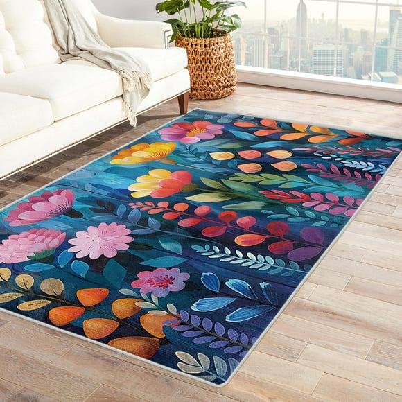Floral Rugs for Living Room - Floral Rug & Home Decor, Cute Flower Botanical Rugs for Living Room Bedroom, Washable Rugs, 4x6 Rug, Low Pile Large Indoor Area Rug, Kids Girls Wildflower Carpet