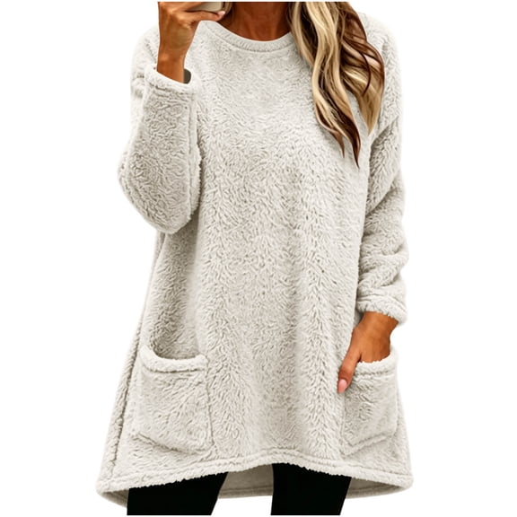 Wlynlyn Womens Crewneck Sweatshirts Long Sleeve Fleece Sweater Tops Casual Winter Warm Long Pullover Tops with Pockets(X-Large,White)
