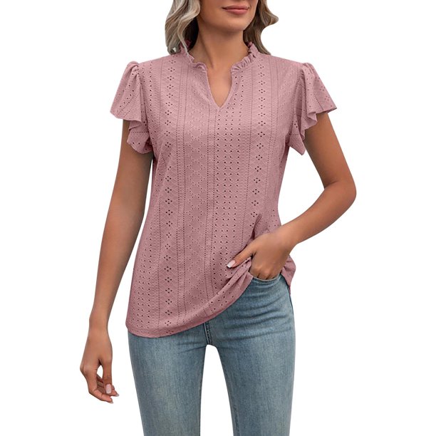 Gibobby Camisetas Mujer Manga Corta Camiseta manga corta color sólido con cuello en V informal para mujer con dobladillo con volantes(Rosa,M)