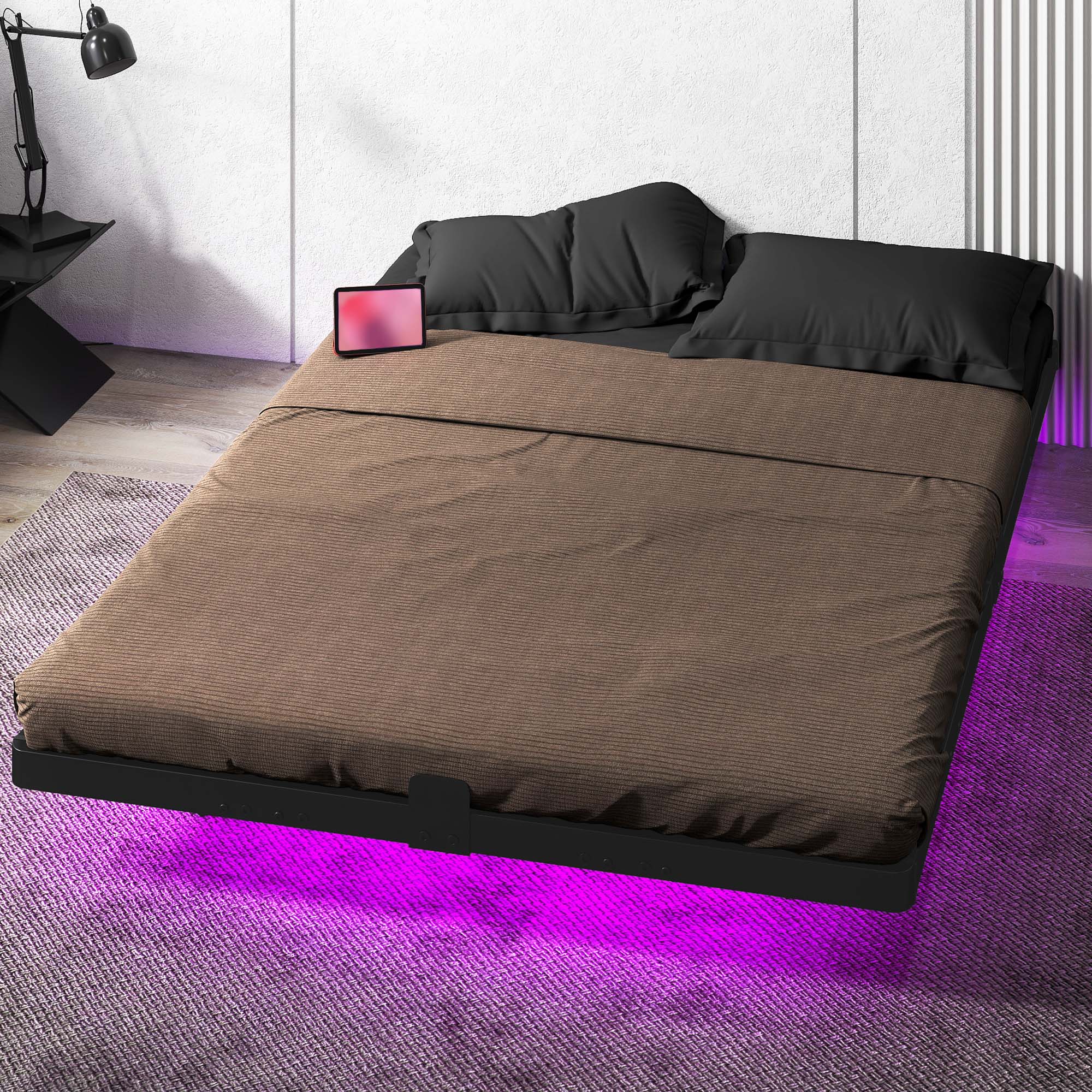 Uforic Full Size Floating Bed Frame with LED Lights and Charging Station, Easy Assembly Heavy Duty Metal Platform Bed, No Box Spring Required (Black)