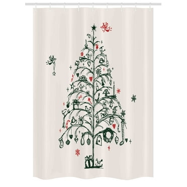 Christmas Stall Shower Curtain, Fairies with Wands and Tree Hand Drawn Style with Wreath and Stockings Image, Fabric Bathroom Set with Hooks, 54W X 78L Inches, Red and Green, by Ambesonne