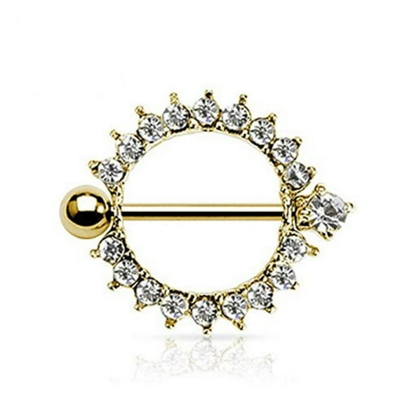 14G (1.6mm) 24k Gold Plated Cicle CZ (Medium) Nipple Ring 316L Surgical Steel Nickel Free (2 pieces (1 Pair))