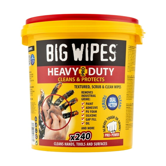 "BIG WIPES HEAVY DUTY PRO 240 WIPE BUCKET HEAVY DUTY TEXTURED SCRUB & CLEAN WIPES"