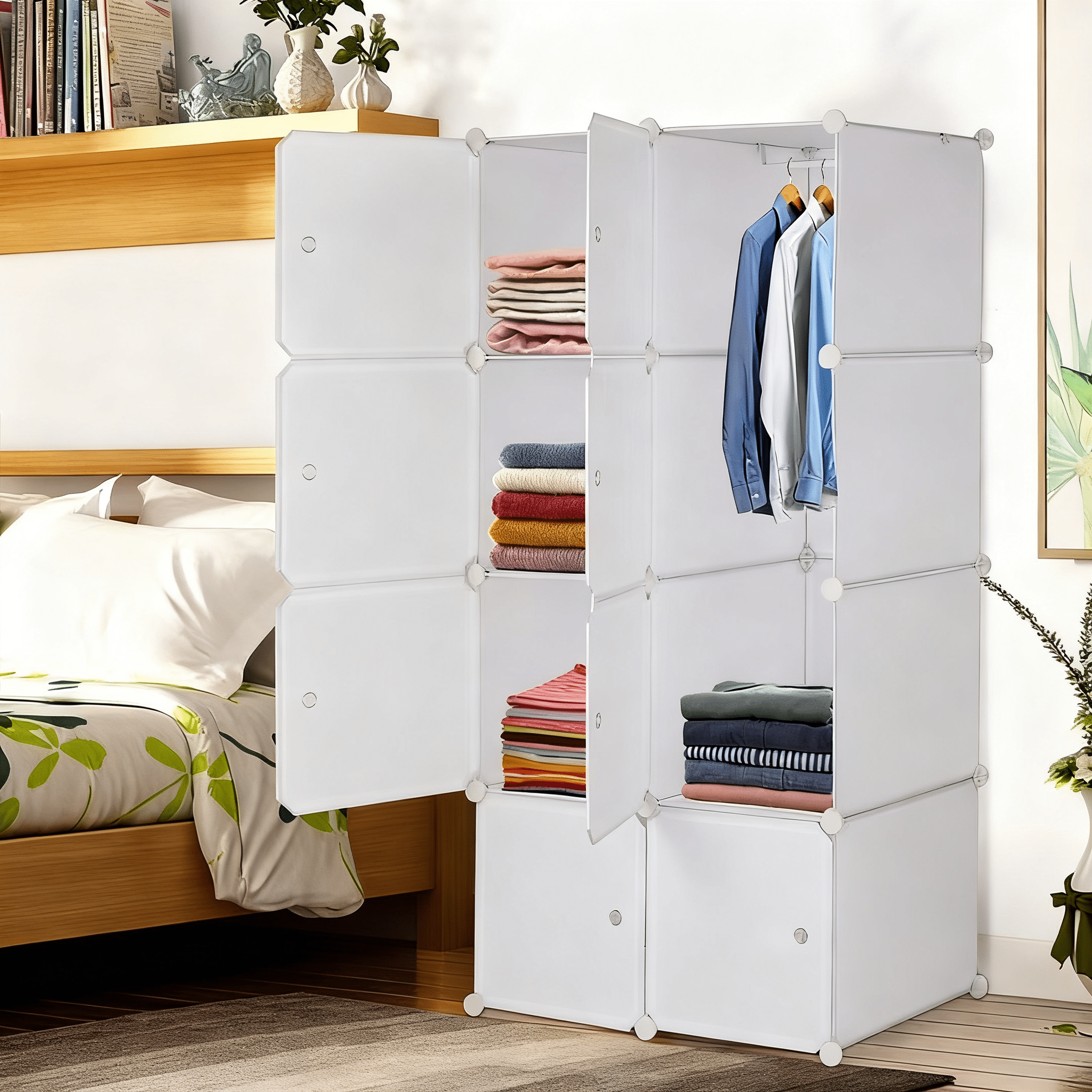 8 Cube White Stackable Storage Organizer, ABS PP Plastic Rust-proof Metal Frame Modular Closet Cabinet with Hanging Rod, Multifunctional DIY Cube Shelves for Home Office Kids Room