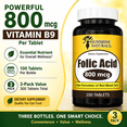 thumbnail image 3 of Sunshine Naturals Folic Acid 800mcg (Vitamin B9) Supplement, Supports Red Blood Cell Formation & Prenatal Wellness, 100 Tablets per Bottle, 3-Pack, 3 of 7