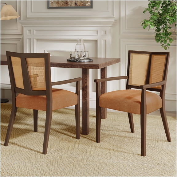 JERFIT Mid-Century Modern Dining Chairs Set of 2, Upholstered Armchair with Rattan Back, Caramel Fabric Seat and Walnut Wood Legs for Kitchen, Dining Room