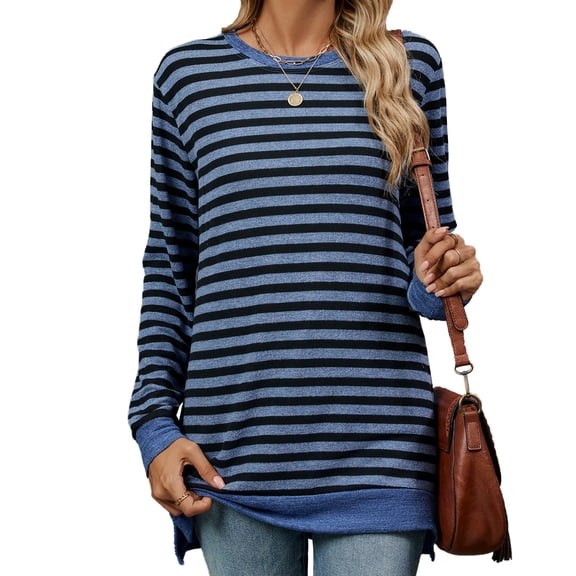 New Women's Striped Contrast Color Round Neck Long Sleeve Loose T-Shirt Top
