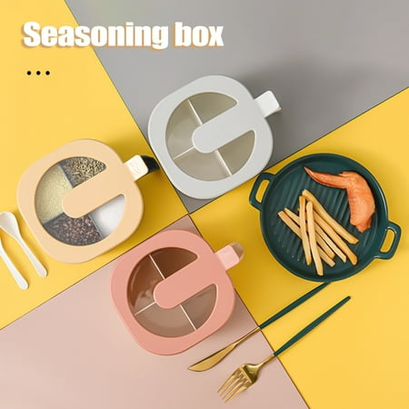 

Spice Box with Spoon and Transparent Lid 4 Compartments Salt Pepper Jar Storage Container with
