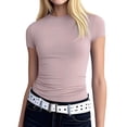 thumbnail image 2 of Womens Stretchy Ribbed High Neck Short Sleeve Gym Workout Slim Fitted Casual Full Length Top T-Shirt Purple Pink XL, 2 of 4