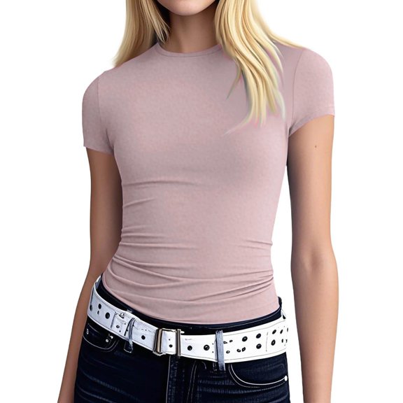 CIENVNSTG Women's Versatile Streetwear Tunic Tee Short Sleeve Crewneck Solid Color Basic Slim Fitted Lightweight Y2K Fashion Summer 2026 Casual Soft Tops For Going Out Outfits Purple Pink XS