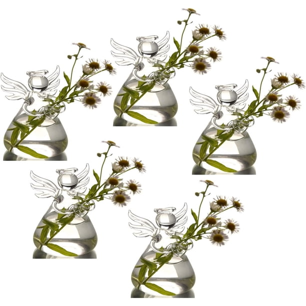 Jarrones de vidrio con diseño de ángel, terrario transparente para plantas y flores, contenedor colgante, decoración de bodas, adornos de jardín, maceta colgante (paquete de 5)