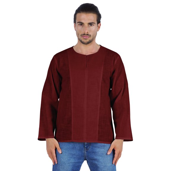 Atasi Long Sleeve Kurta For Men Solid Slub Cotton Round Neck Ethnic Shirt-7603