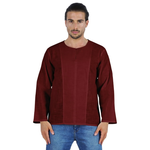 Atasi Long Sleeve Kurta For Men Solid Slub Cotton Round Neck Ethnic Shirt-7603