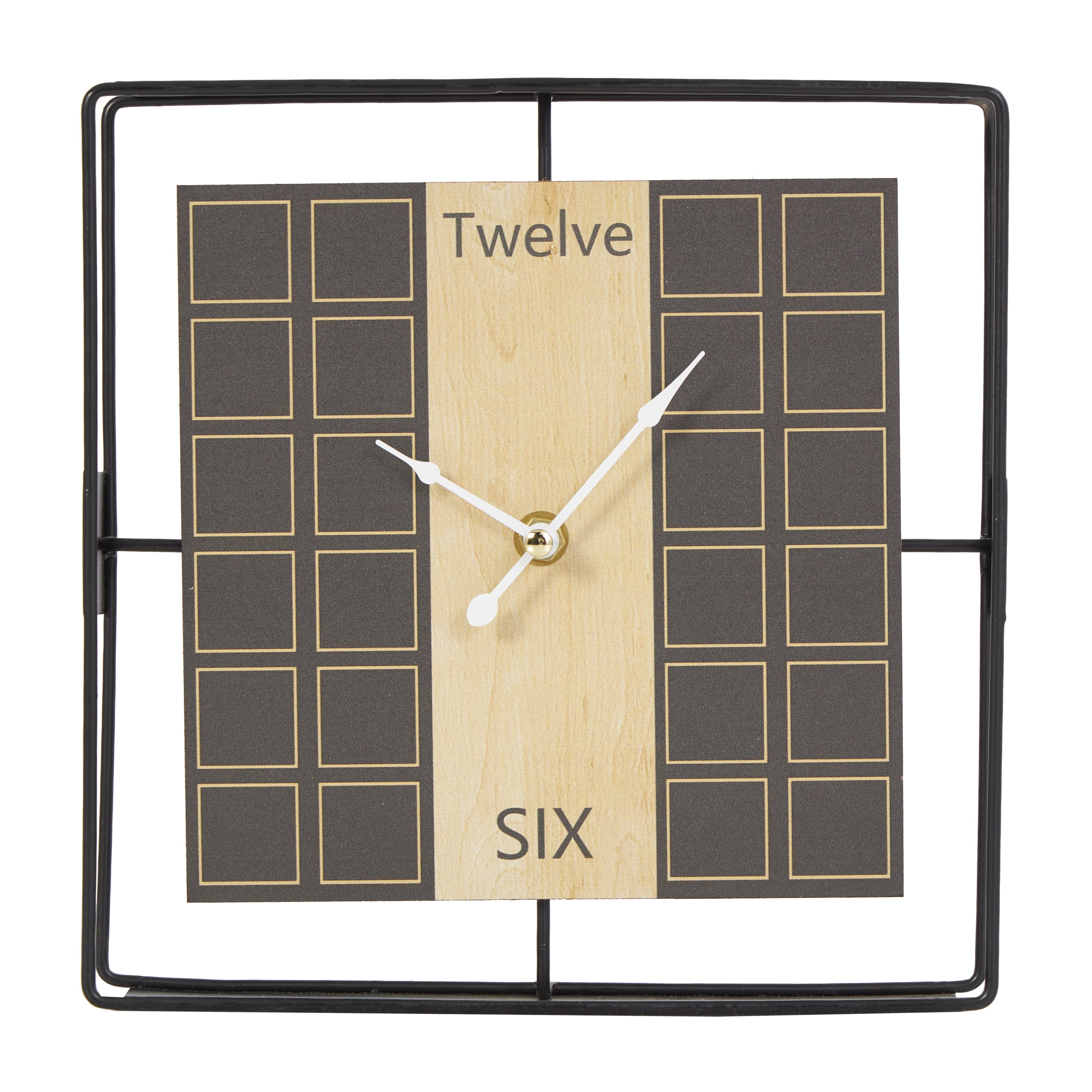DecMode 9" Black Wooden Geometric Open Frame Square Clock with Grid Pattern
