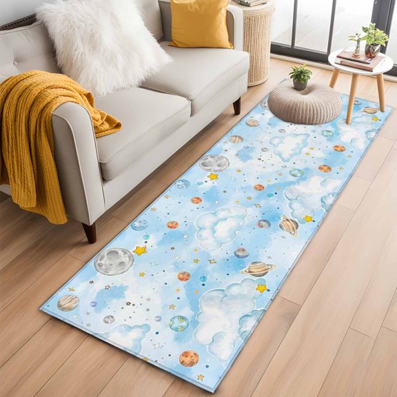 Kitchen Runner 2 x 6 Ft, Children's Day Non-Slip Residential Carpet, Galaxy Universe Stars Planets Moons Indoor Crawling Mats Runner Rugs for Living Room/Dining Room/Bedroom