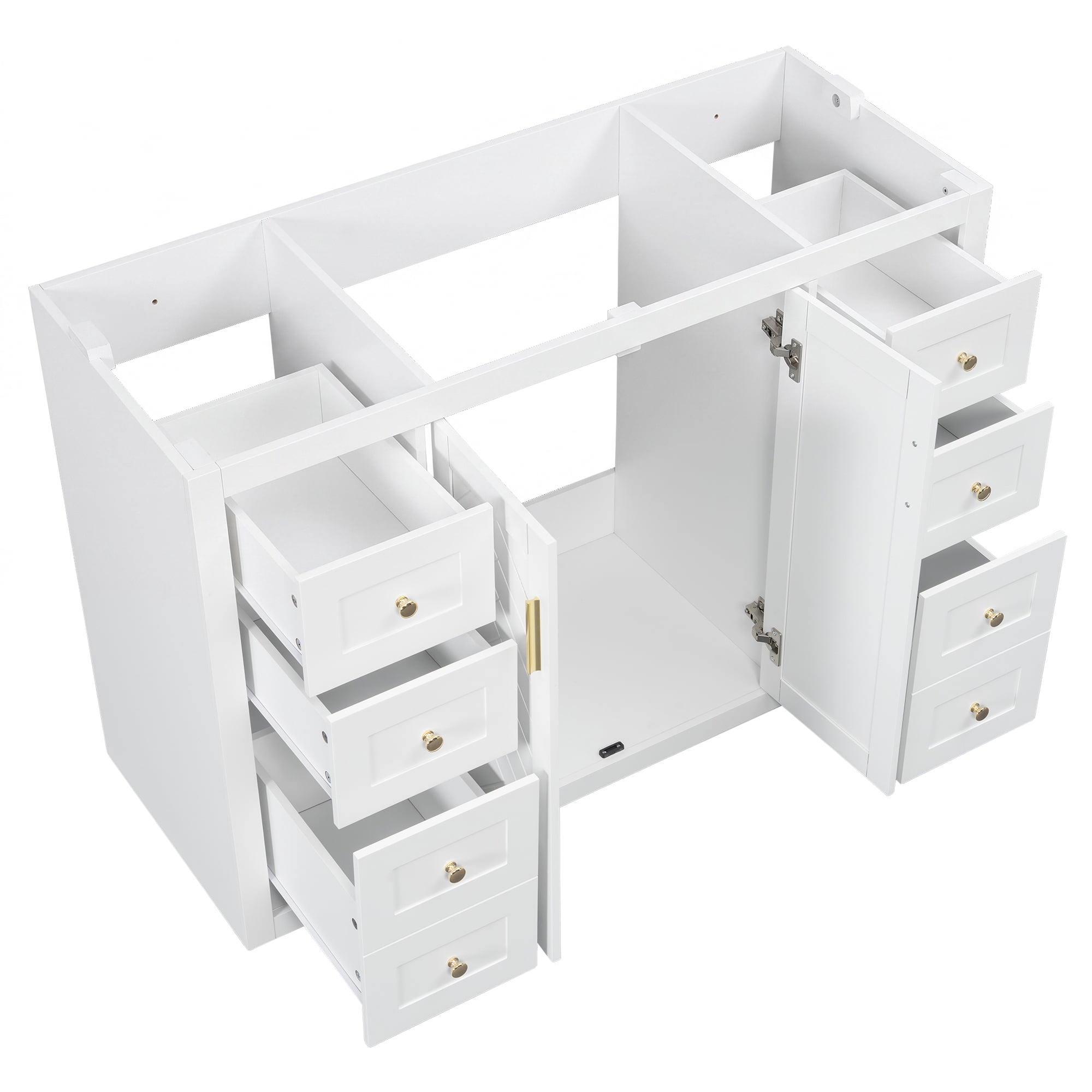 48" Classic Bathroom Vanity Cabinet, Freestanding MDF Vanity Base with 6 Drawers and 2 Soft-close Doors, White Storage Cabinet with Gold Handles, Cabinet Only Without Sink