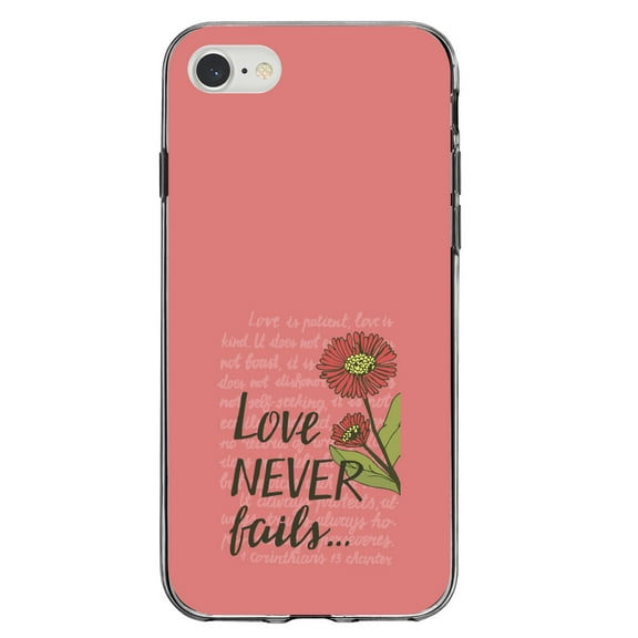 DistinctInk Clear Shockproof Hybrid Case for iPhone 7 8 SE (2020 Model) 4.7" Screen TPU Bumper Acrylic Back Tempered Glass Screen Protector - 1 Corinthians 13 - Love Never Fails - Flower