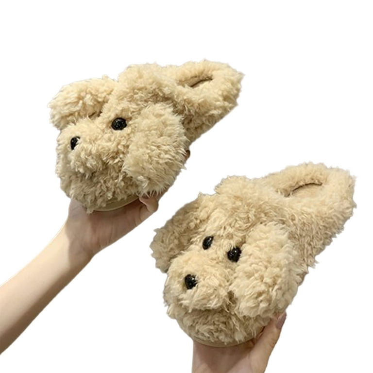 Women Winter Cartoon Dog Fluffy Plush Backless Slippers Anti Skid
