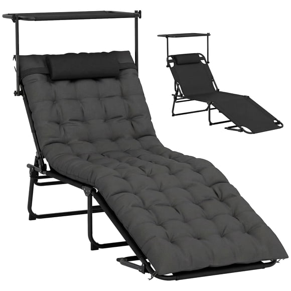 Outsunny Folding Tanning Chair, Sun Lounger with Canopy, Dark Grey