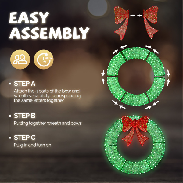 48in Pre-Lit Outdoor Christmas Wreath - 315 Warm White LED Lights, Green Foliage with Red Bow, Timer Remote Control, Weather-Resistant