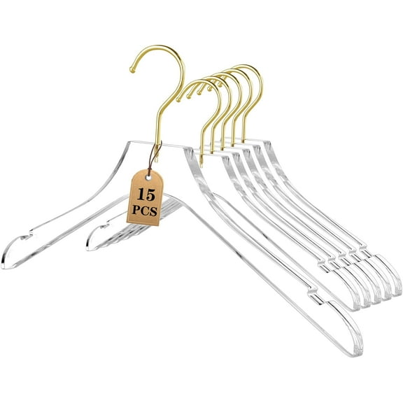 15 Pack Acrylic Hangers with Gold,Acrylic Clear Hangers,Premium Crystal Dress Hangers Swivel Gold Hook Luxurious Shiny Clothes Hangers(Clear-Style A)