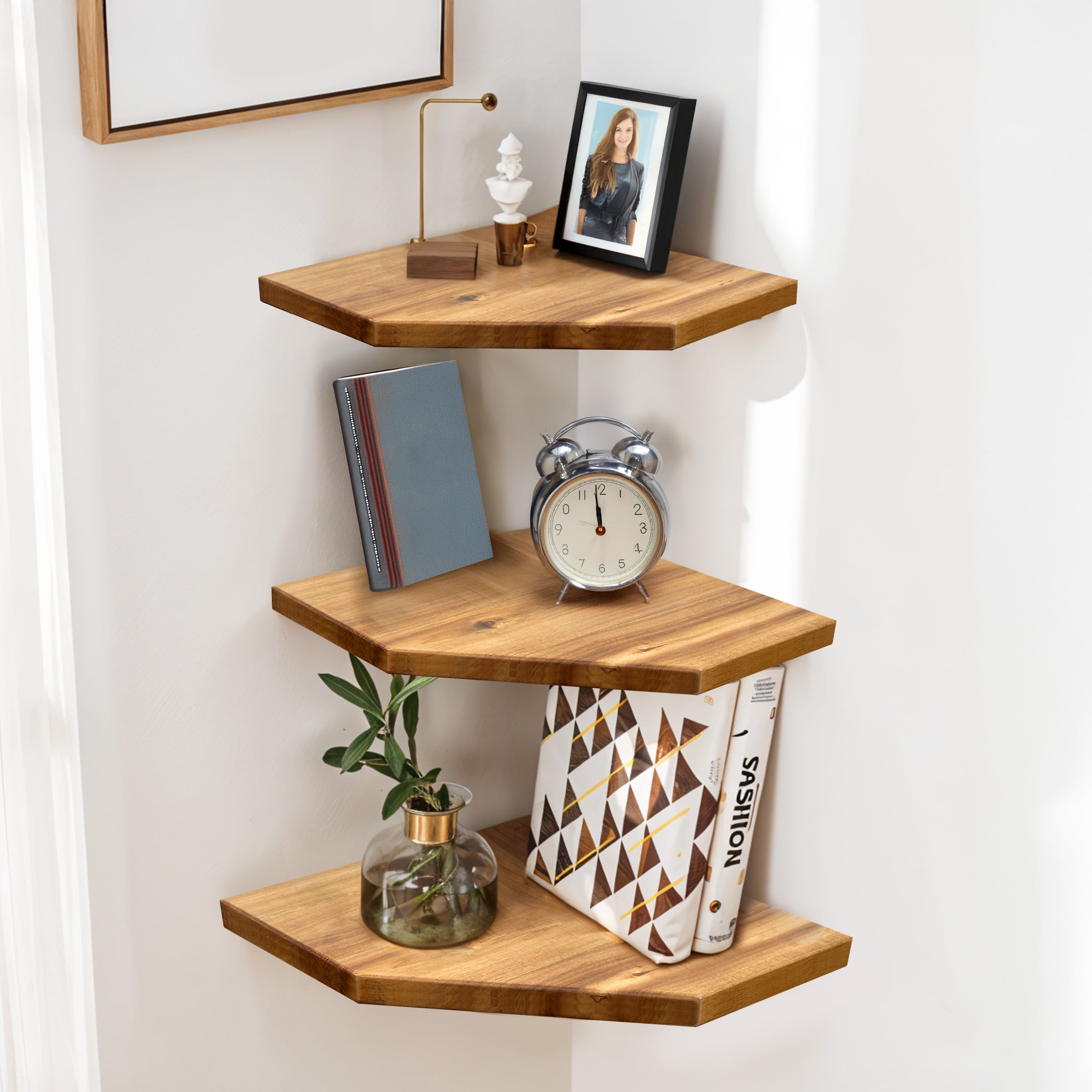 Corner Shelf Wall Mount, Set of 3 Solid Acacia Wood 11.8 x 16.5 inches Floating Corner Shelves, Smooth - Durable - Attractive Corner Shelves for Bedroom Living Room Bathroom Kitchen