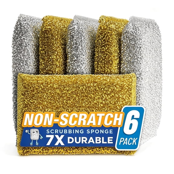 ACDANC Kitchen Scrubbing Sponges - Heavy Duty Non Scratch Scrubbing Cleaner Sponges in 2 Colors - Multi Surface Non Metal Dish Scouring Scrubbers for Fast Cleaning (Gold & Silver, 6)
