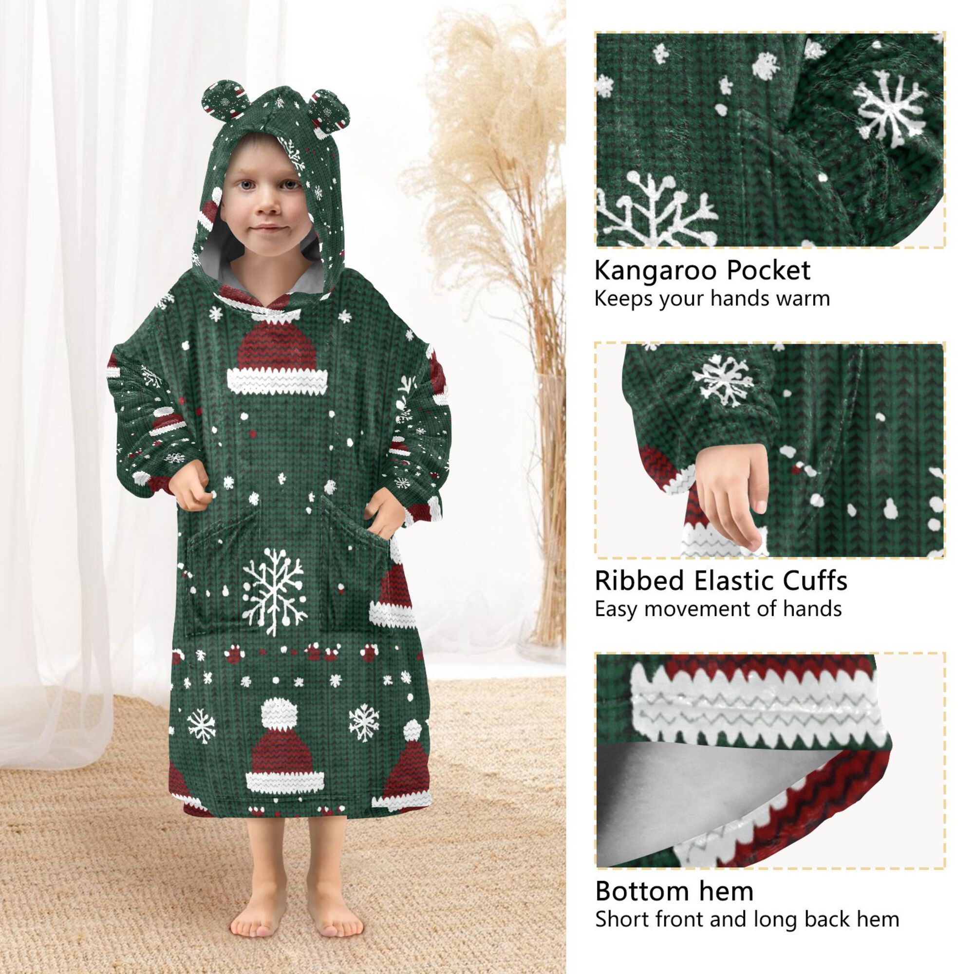 FORMRS Wearable Blanket Hoodie with Sleeves for Kids Cozy Flannel Sweatshirt, Christmas Santa Hats