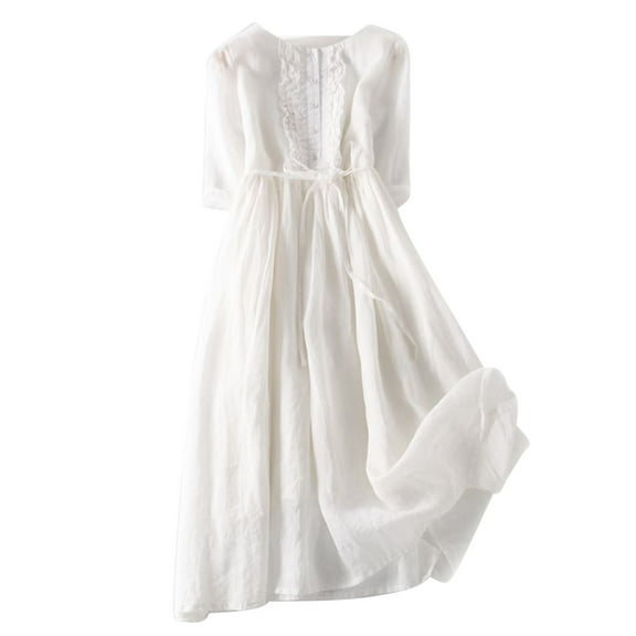 Cotton Linen Sundress for Women Solid Color 3/4 Sleeve Button Maxi Dress Tunic Bow Tie Front Layered Flowy Dresses