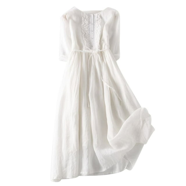 Robe d'Été en Coton et Lin pour Femmes, Couleur Unie, Manches 3/4, Robe Maxi Boutonnée, Tunique, Nœud à l'Avant, Robes Fluides à Étages