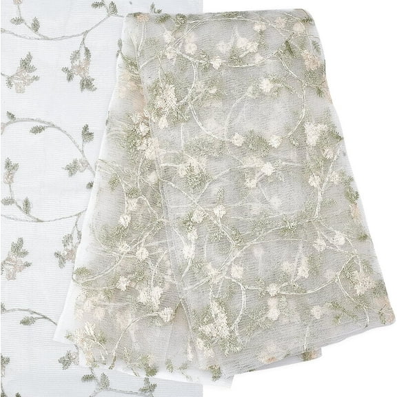 53.5 Inch Width Floral Embroidered Lace Fabric Flowers Leaves Vine Embroidery Lace Trim Fabrics White Mesh Applique for Party Dress Skirt Clothing Embellishments DIY Sewing Crafts