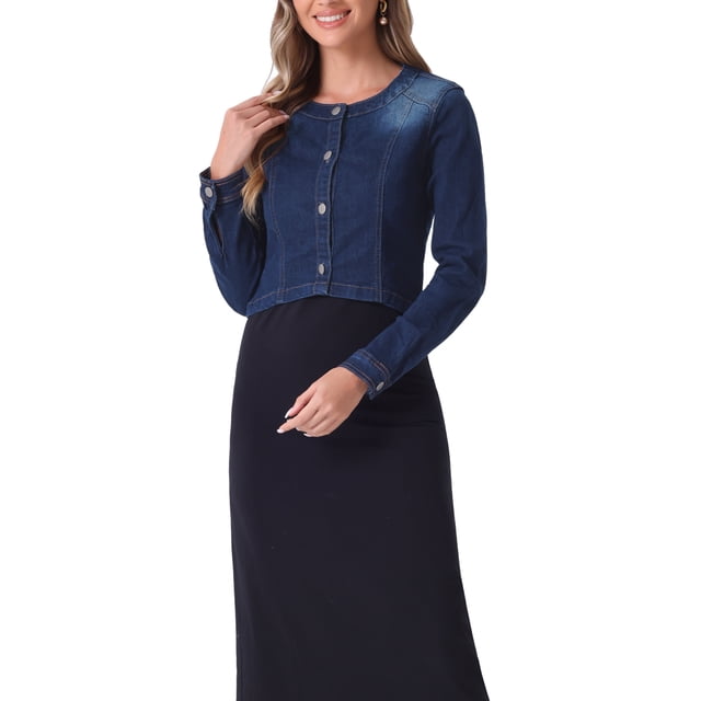 CHAQUETAS DE JEANS PARA MUJER INSPIRADAS EN CHIC, SIN COLLAR, DE MANGA LARGA, CON BOTONES, CORTAS, EN NEGRO Y AZUL