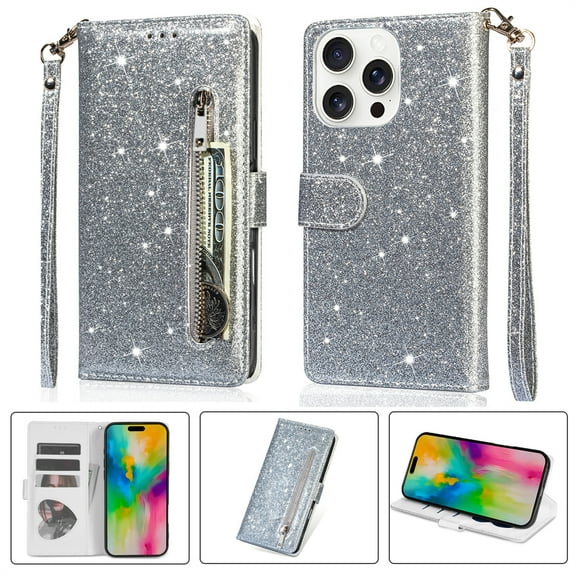 Allytechgroup Glitter Case for iPhone 16 Pro Max, Bling PU Leather Flip Folio Stand Cards Holder Anti-Scratch Shockproof Bumper Wallet Case Cover for iPhone 16 Pro Max, Silver