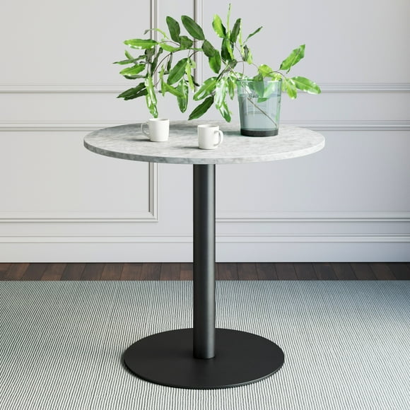 Nathan James Lucy Small Mid-Century Modern Kitchen or Dining Table with Faux Carrara Marble Top and Brushed Metal Pedestal Base, Black
