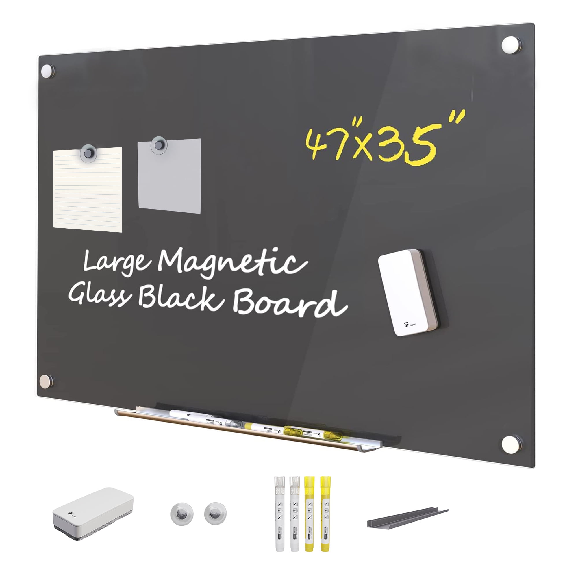 TOWON Large Glass Dry Erase Board for Wall 47"x35" Black Bulletin Chalkboard Office