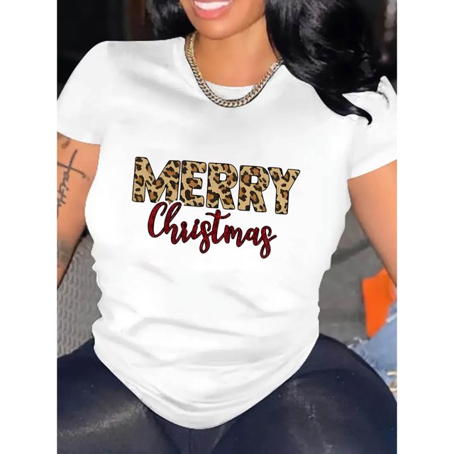 Creative Christmas Leopard Print Pattern Women'S Trendy Round Neck Short Sleeve, Simple Casual Sports T-Shirt, Comfortable Summer Top for Holidays.