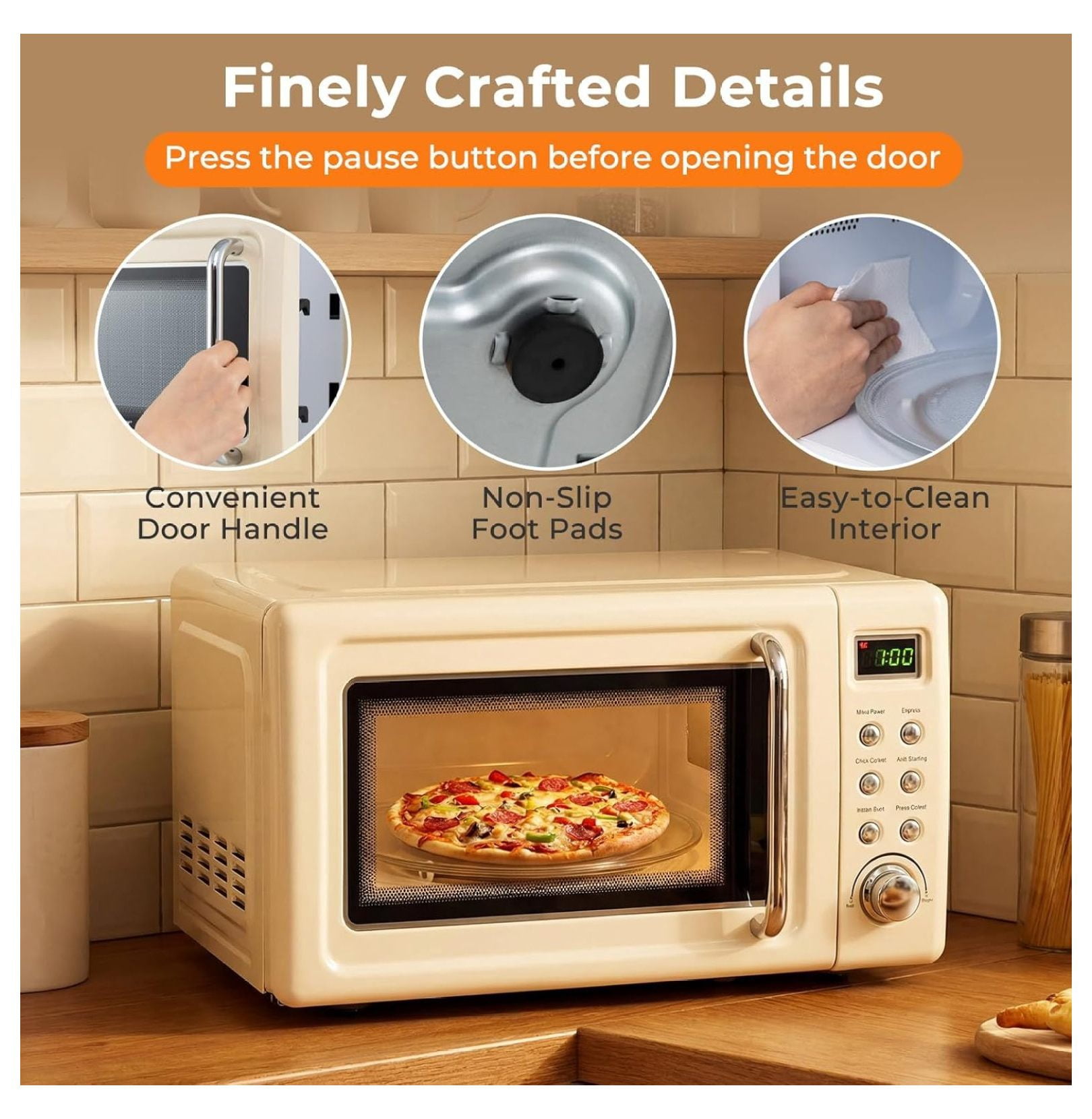 0.7 Cu.ft Microwave Oven, 700W Countertop Microwave - 5 Power Levels, Defrost, Auto Cooking, LED Display, Child Lock, Cream White - Kitchen, Dorm, RV