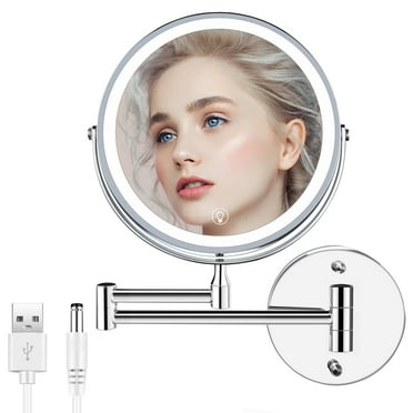 Rechargeable Wall Mounted Lighted Makeup Mirror, Extendable Double Sided Vanity Mirror with 10X Magnification, 8 Inch Led Magnifying Mirror with 3 Color Lights Bathroom Mirror Chrome