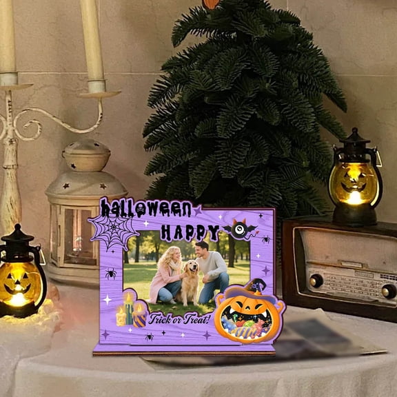 Halloween Picture Frame -6.26Ã5.31in Wooden Photo Display for Tabletop, Home Decor, Halloween Party Decorations, for Displaying Halloween Memories and Seasonal Photos(Purple)
