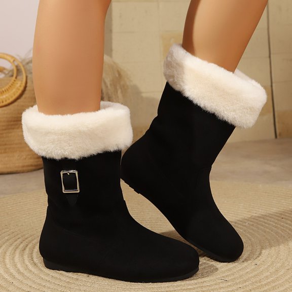 Women's Solid Color Mid Calf Boots Suede Furry Cuff Side Metal Buckle Flat Anti-Slip Outsole for Daily Outdoor Walks Cold Street Wear, Snow Boots for Women Black 5