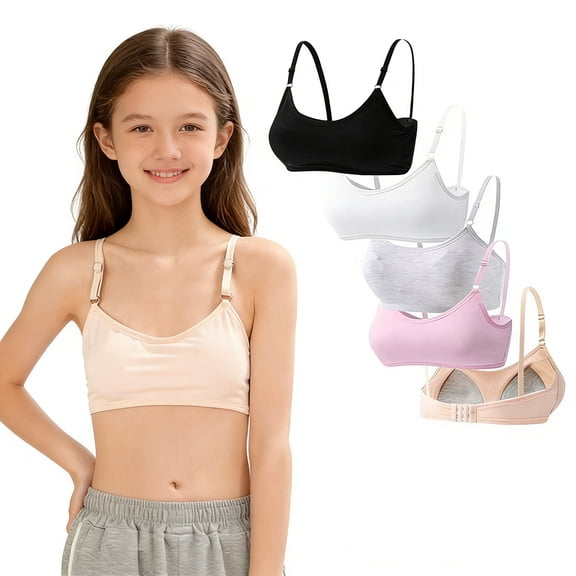 Girls Cotton Teen Bras Wireless Training Bra Lightly Padded Adjustable Straps Back Closure Smooth Stretchy Kids First Bra 10-16 Years