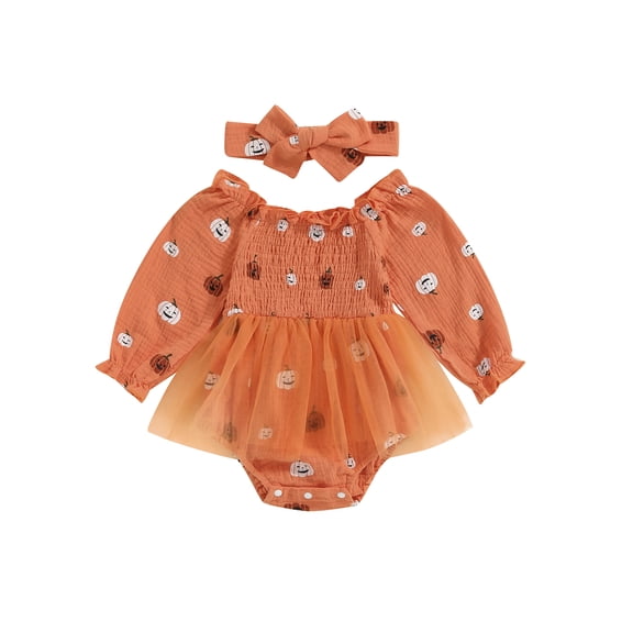 Jxzom Newbrob Baby Girl Halloween Outfits Long Sleeve Smocked Bodysuit Dress with Headband 0 3 6 12 18 Months Fall Clothes Set