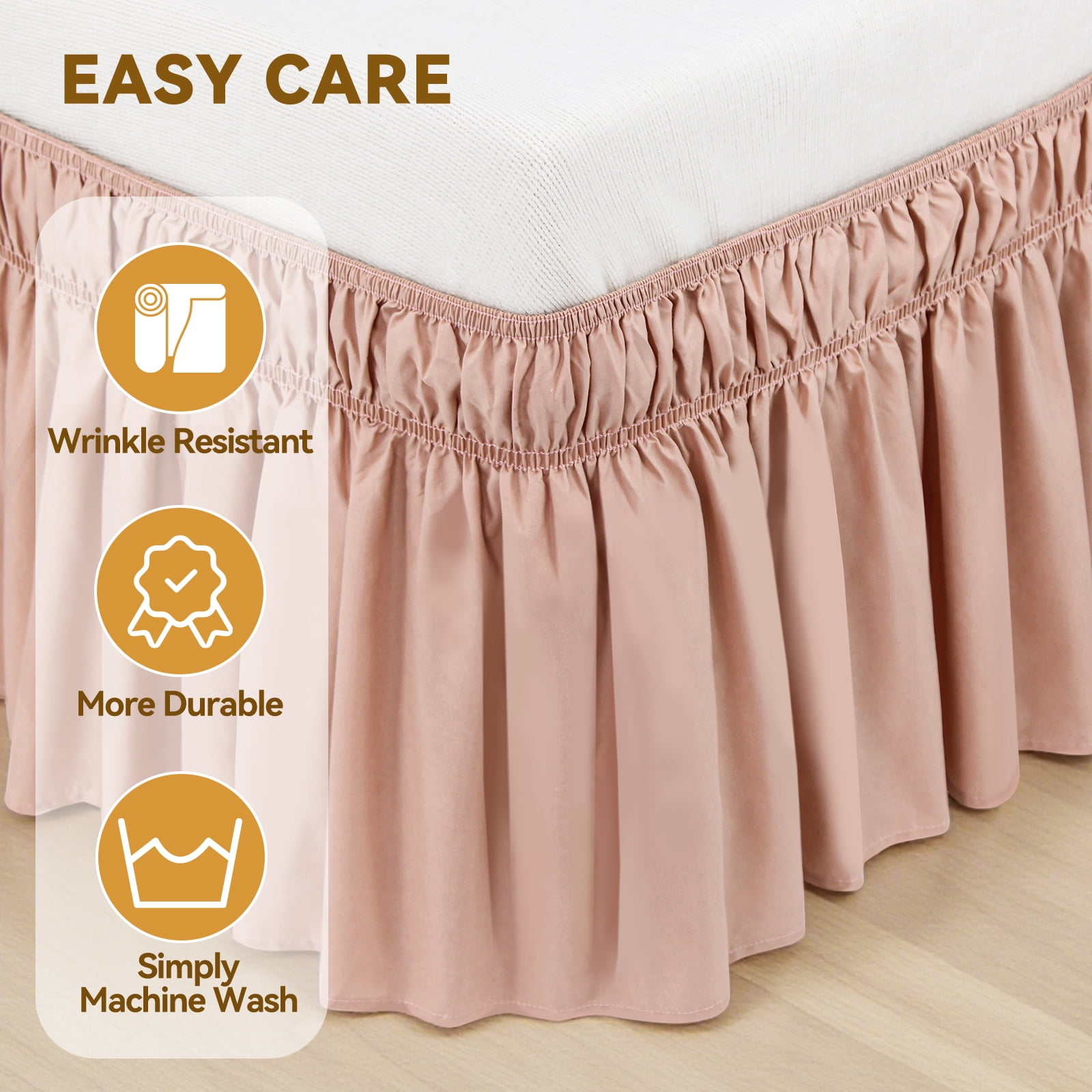 Lotus Root Pink Skirts, Wrap Around Dust Ruffle for Queen Beds, 15-inch Tailored Drop, Easy to Install and Clean