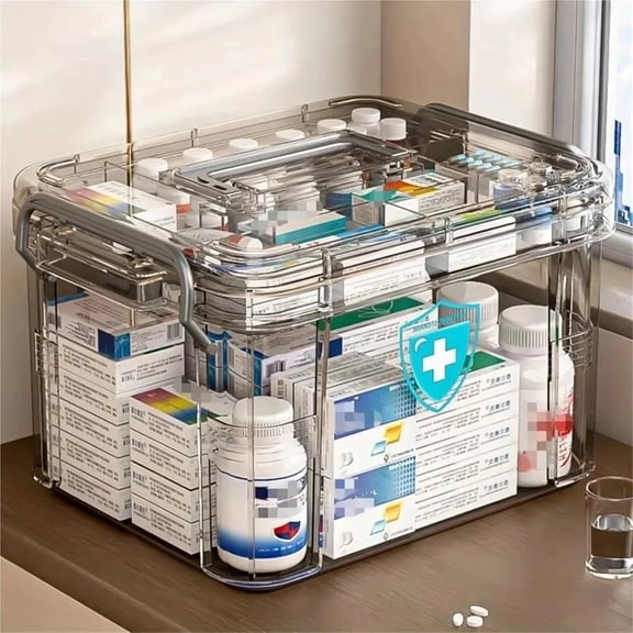 Clear Medicine Storage Box with Handle, Portable 2-Tier First Aid Kit Organizer Bin with Removable Tray, Plastic Emergency Medical Chest for Home & Travel