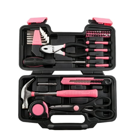 UBesGoo 39pcs Pink Household Hand Tool Set Repair Tool Kit, w/ Storage Case