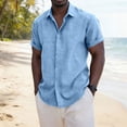 thumbnail image 2 of Cheytotty Mens Linen Blouse Button Down Short Sleeve Dress Shirt Solid Color Turndown Tee Vacation Light Blue L, 2 of 8