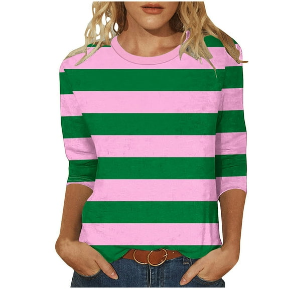 ShiShine Women's Striped Top Round Neck Tops 3/4 Length Sleeves Casual Long Sleeve Shirt