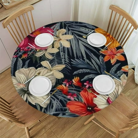 

Qlo0ole Polyester Round Fitted Tablecloth Tropical Leaf Hibiscus Flower Stain-Resistant Elastic Edge Small All-Season 54-58