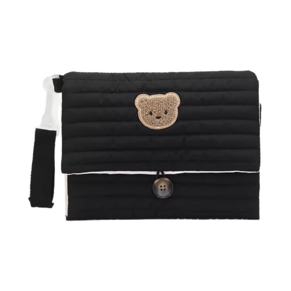 Embroidered Bear Diaper Bag, Quilted Wipe Holder with Handle, Foldable Storage Bag for Travel Work