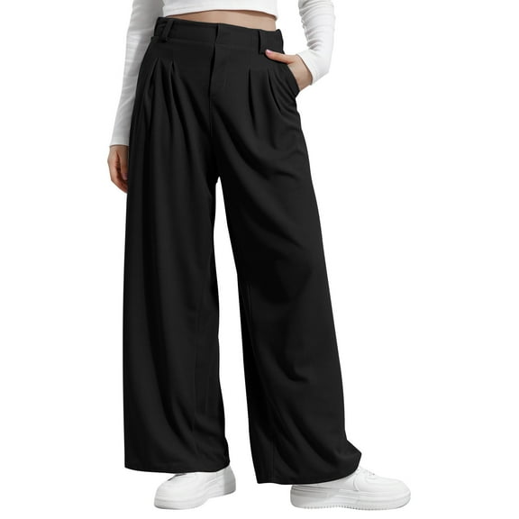 Brglopf Womens Wide Leg Pants Elastic High Waisted Business Casual Slacks Work Pants Palazzo Trousers with Pockets Black L
